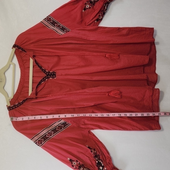 Alicia Pageboy Red Aztec/Tribal Embroidered V-Neck Tassle Tie Front Boho Top - Picture 12 of 13